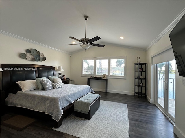 bedroom with crown molding, multiple windows, vaulted ceiling, and dark hardwood / wood-style flooring