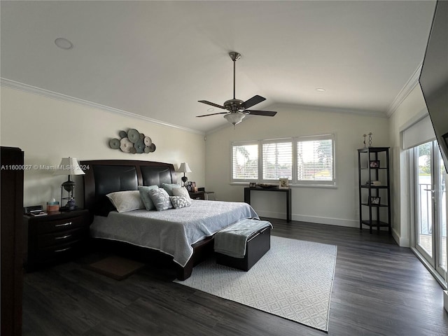 bedroom featuring dark wood-type flooring, ornamental molding, access to exterior, and vaulted ceiling