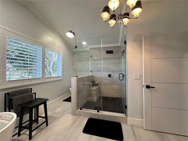 bathroom featuring tile flooring, crown molding, a shower with door, lofted ceiling, and a chandelier