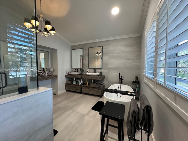 interior space featuring tile floors, sink, an inviting chandelier, and crown molding