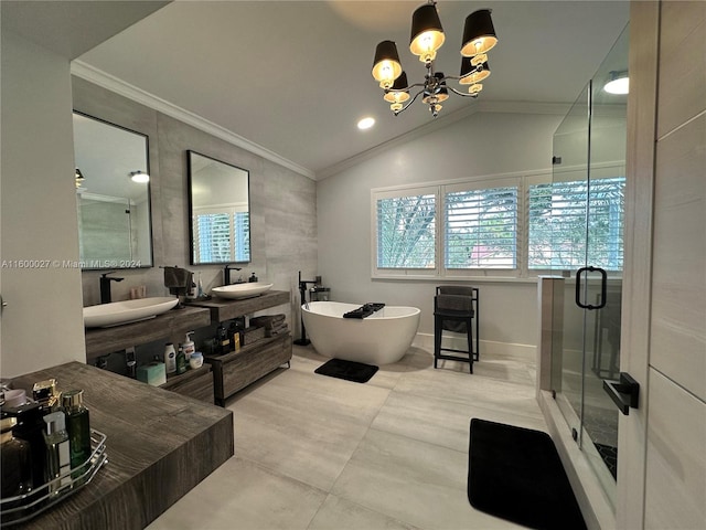 bathroom with dual bowl vanity, tile flooring, crown molding, and a notable chandelier