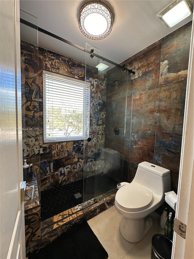 bathroom featuring tile flooring, walk in shower, and toilet