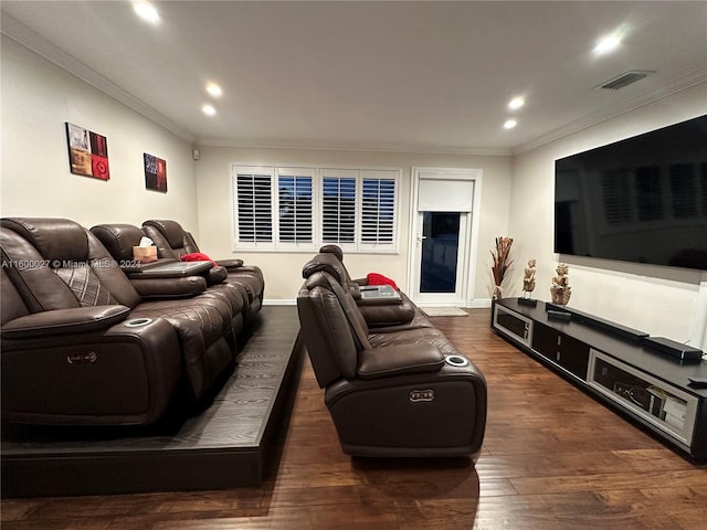 living room featuring crown molding and dark wood-type flooring