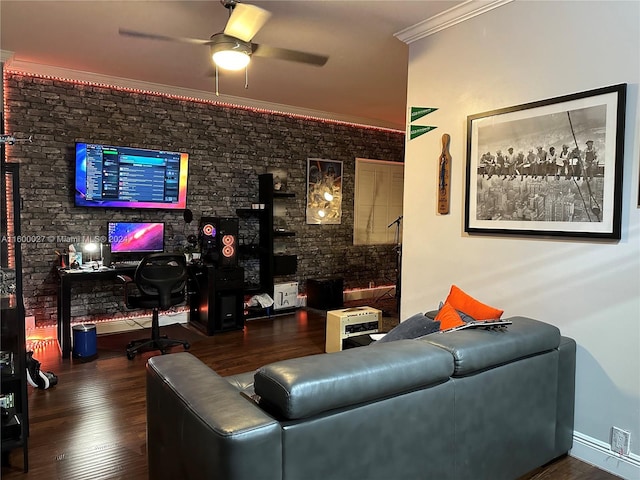 living room with dark hardwood / wood-style flooring, ornamental molding, and ceiling fan