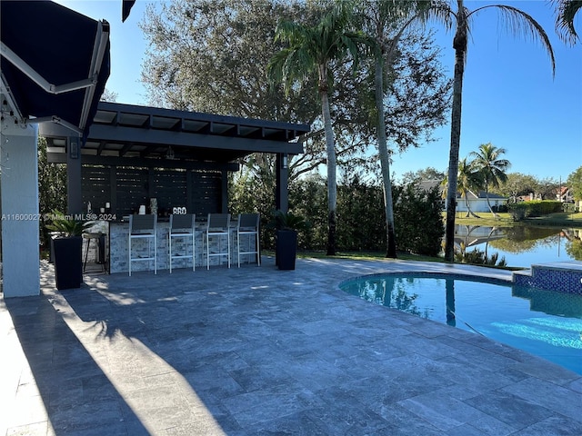 view of swimming pool with a patio and exterior bar