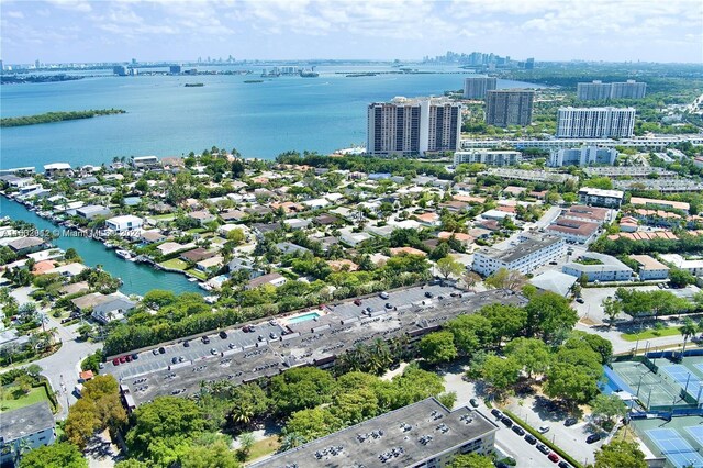 aerial view featuring a water view