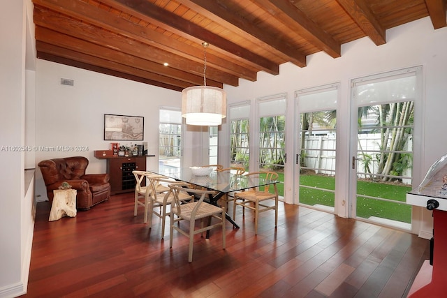 dining room with beamed ceiling, dark hardwood / wood-style floors, and wood ceiling