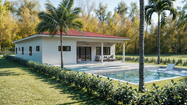 view of pool with a patio area, a lawn, and ceiling fan