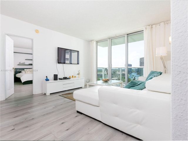 living room with expansive windows and light hardwood / wood-style flooring