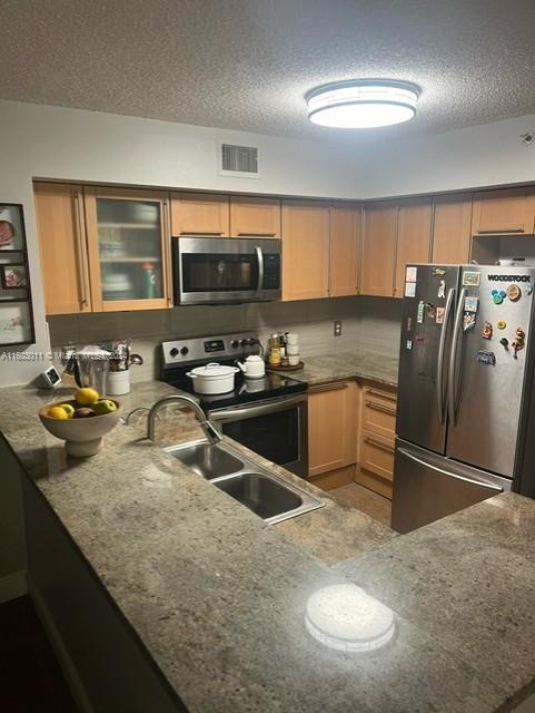 kitchen with kitchen peninsula, a textured ceiling, stainless steel appliances, and sink