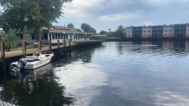 water view featuring a dock