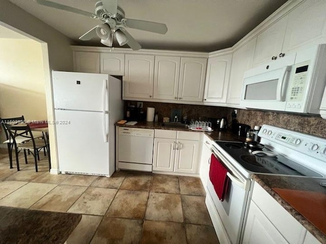 kitchen with white cabinets, ceiling fan, white appliances, and tasteful backsplash