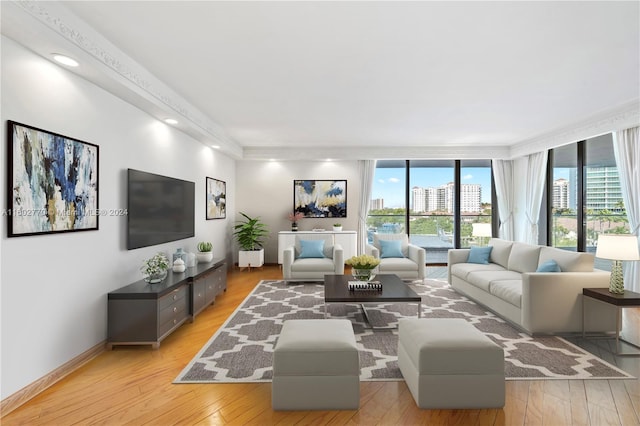 living room with floor to ceiling windows, crown molding, and light wood-type flooring