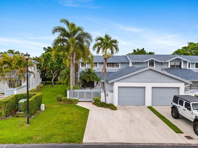 view of front of property featuring a front lawn and a garage