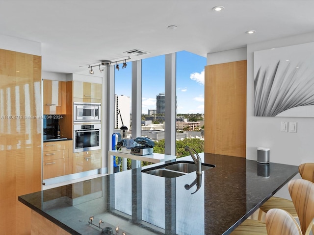 kitchen featuring appliances with stainless steel finishes, rail lighting, a breakfast bar, sink, and dark stone countertops