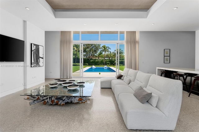 living room featuring a tray ceiling