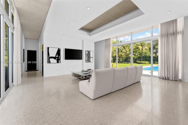 living room featuring a wall of windows and a tray ceiling