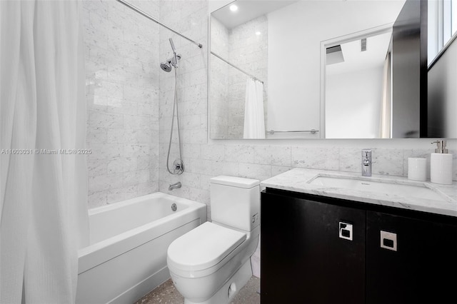 full bathroom featuring vanity, toilet, shower / bathtub combination with curtain, and tile walls