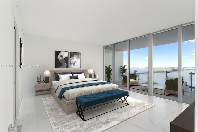 bedroom with expansive windows, access to outside, and a water view