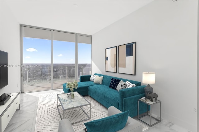 living room with baseboards and floor to ceiling windows