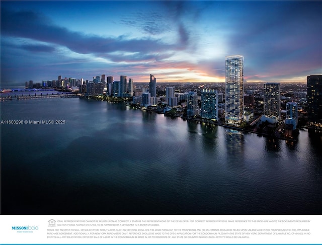 view of water feature with a city view