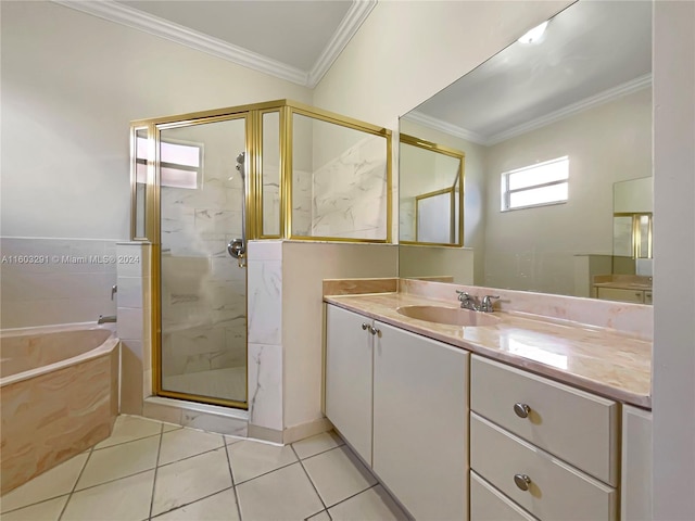 bathroom featuring tile flooring, independent shower and bath, ornamental molding, and large vanity