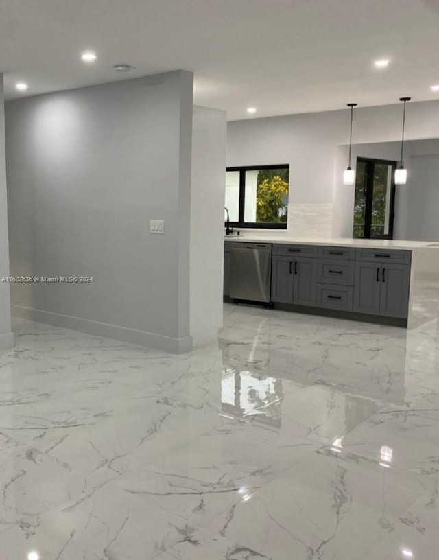 kitchen featuring recessed lighting, dishwasher, gray cabinets, baseboards, and hanging light fixtures