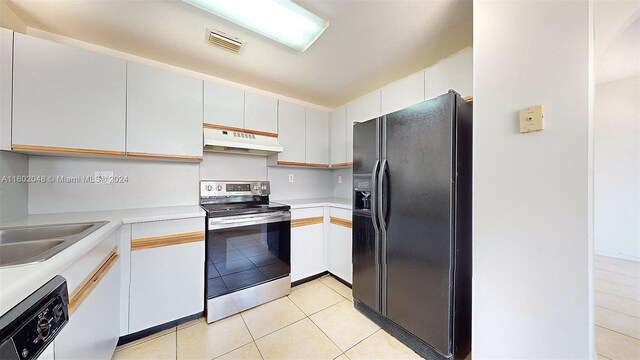 kitchen with white cabinetry, light tile patterned flooring, electric stove, black fridge with ice dispenser, and dishwasher