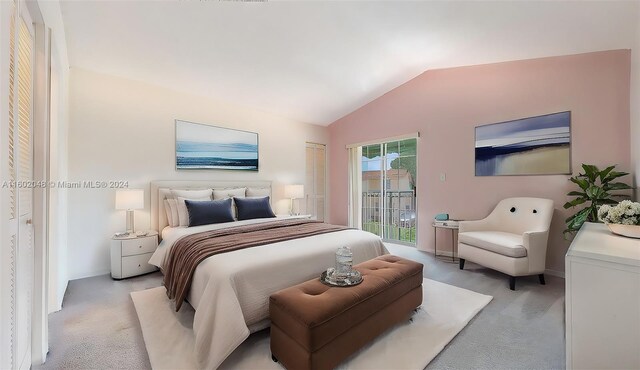 bedroom with access to outside, light colored carpet, and vaulted ceiling