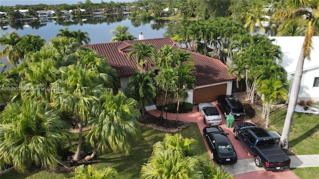 aerial view featuring a water view