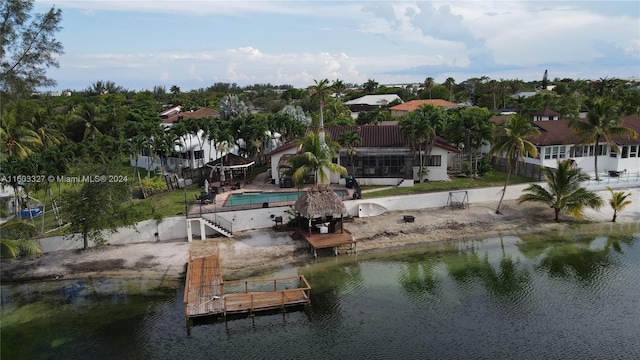 aerial view featuring a water view