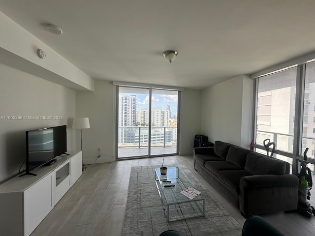 living room with hardwood / wood-style flooring and expansive windows