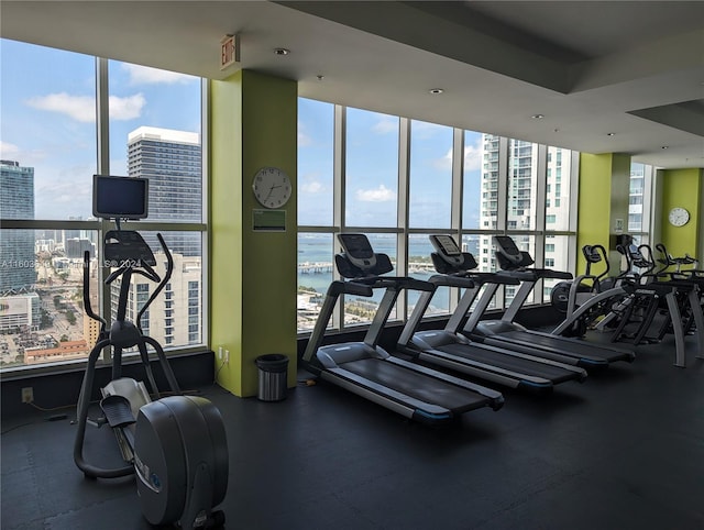 workout area featuring expansive windows, a wealth of natural light, and a water view