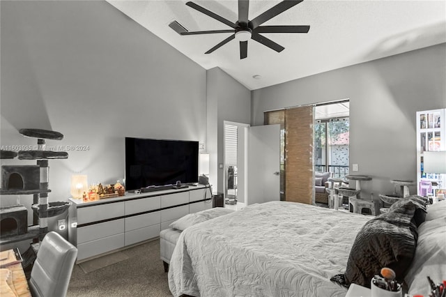 bedroom featuring vaulted ceiling, carpet flooring, and ceiling fan