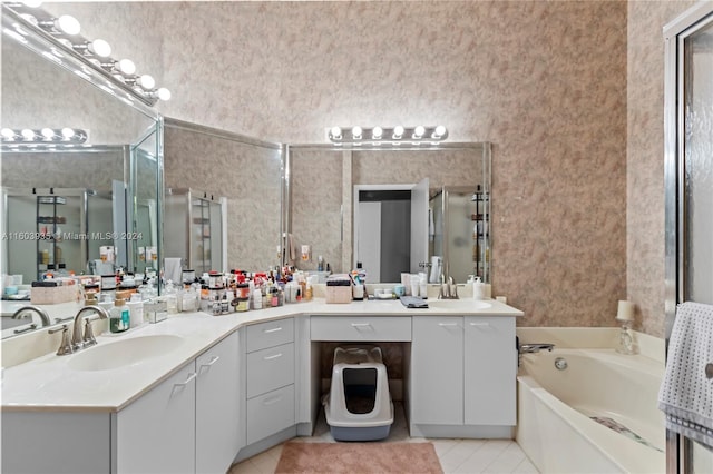 bathroom featuring vanity, tile patterned floors, and independent shower and bath