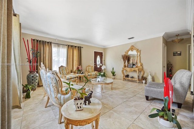 living room featuring crown molding and light tile patterned floors