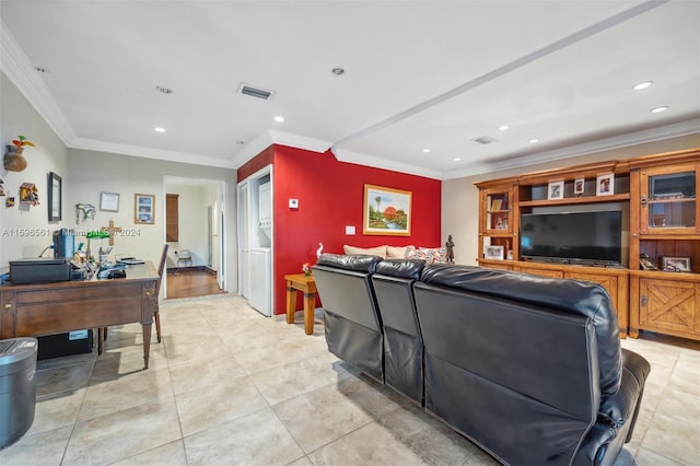 living room featuring light tile patterned floors and ornamental molding