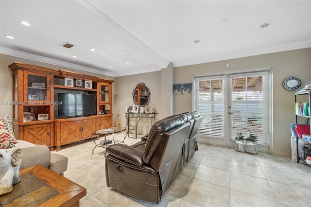 tiled living room with ornamental molding