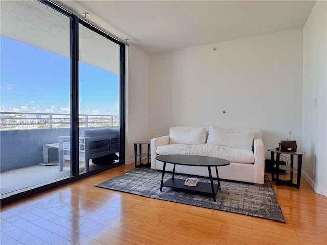 living room with hardwood / wood-style floors and floor to ceiling windows