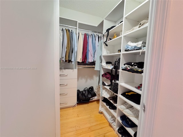 walk in closet with wood-type flooring