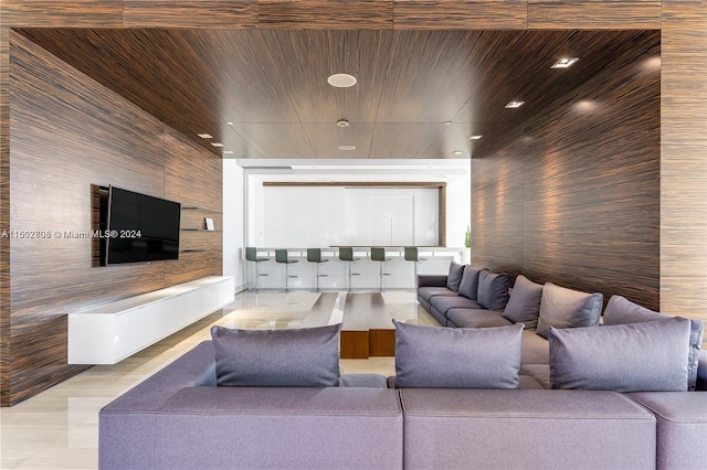 living room with wooden ceiling