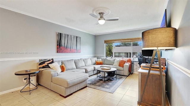 living room with ornamental molding, ceiling fan, and light tile patterned flooring