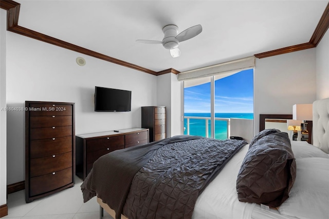 bedroom with ceiling fan, light tile flooring, and crown molding