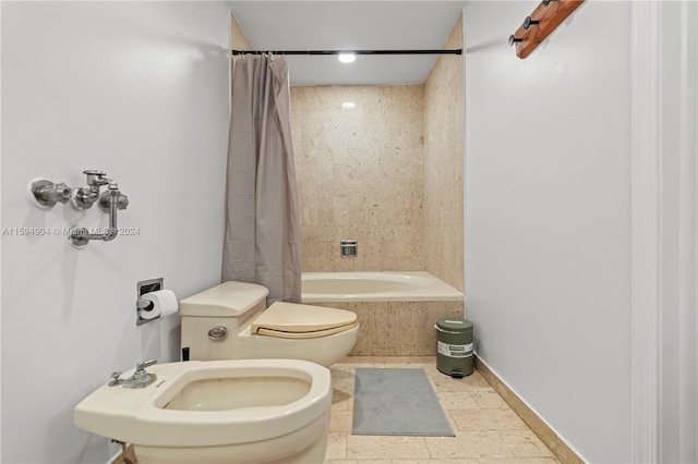 bathroom with shower / bathtub combination with curtain, a bidet, tile flooring, and toilet