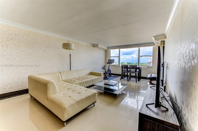 tiled living room with ornamental molding