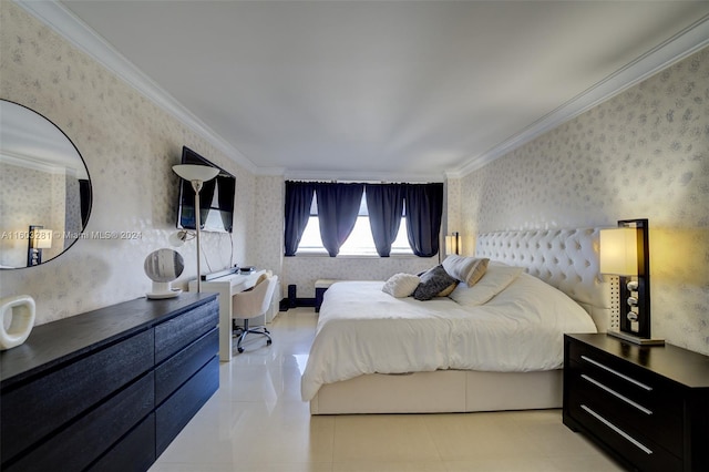 tiled bedroom featuring ornamental molding