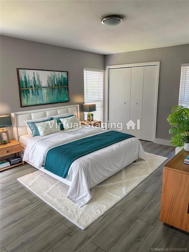 bedroom with dark hardwood / wood-style flooring and a closet