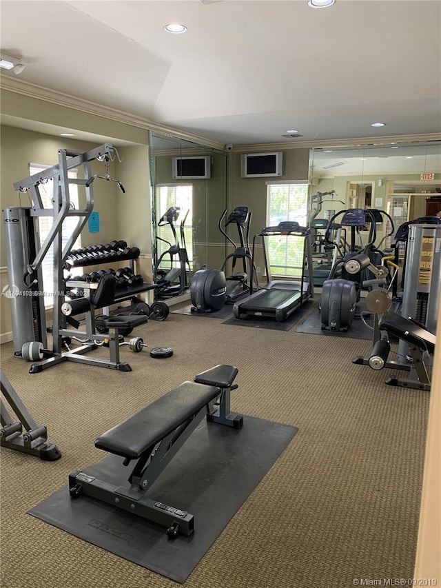 workout area with carpet flooring and crown molding