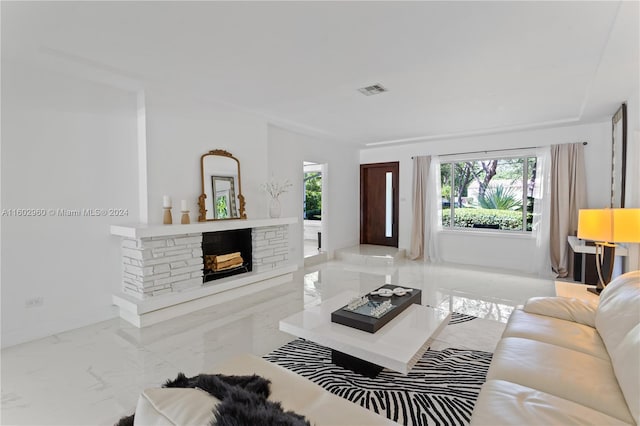 living room featuring light tile patterned flooring