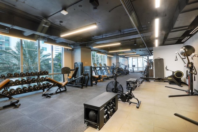 workout area with expansive windows